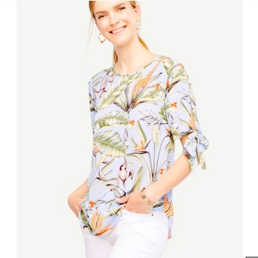 {Ann Taylor} Tropical Leaf Print Blouse in Blue and Green - Size XL